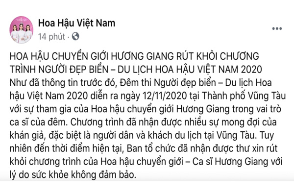 Bài đăng của Hoa hậu chuyển giới Hương Giang